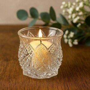 Vintage Pressed Glass Votive Holder – Cut Glass Diamond Starburst Pattern